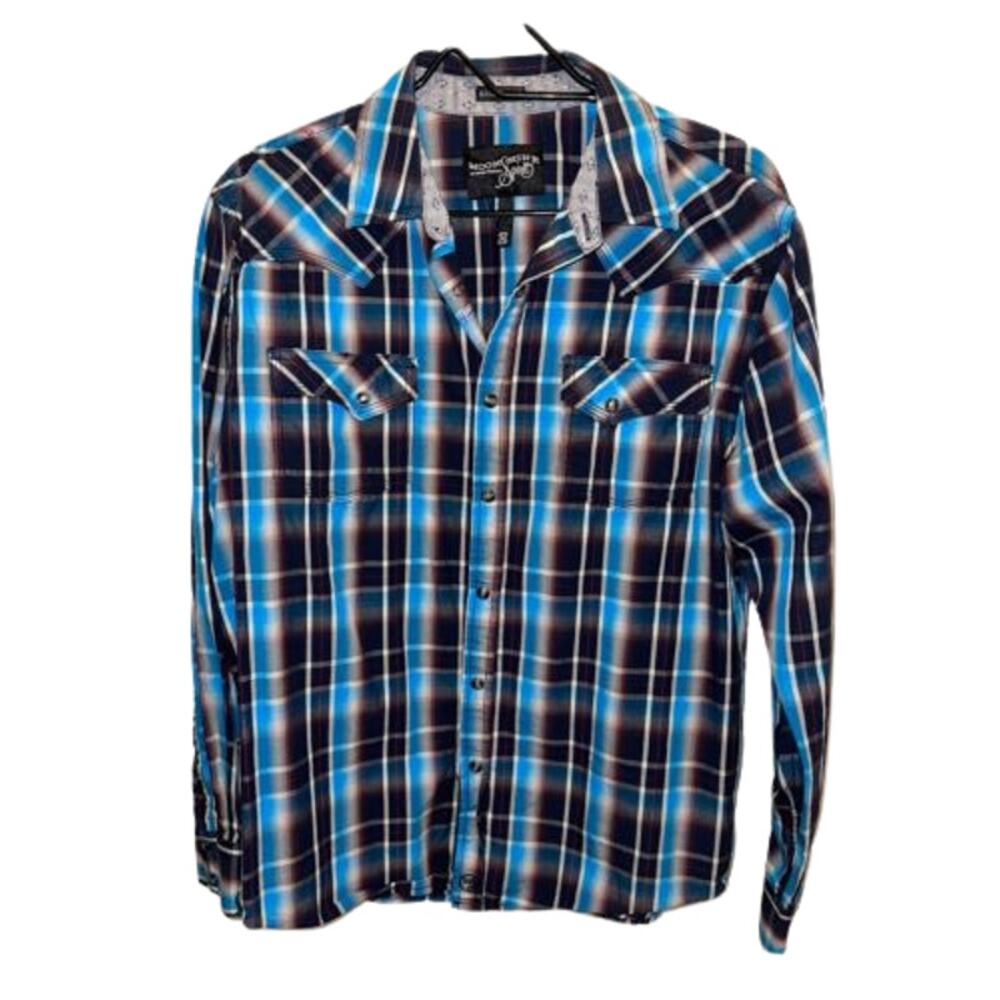 Moonshine Spirit Brad Paisley Western Shirt Men's Size S Blue Plaid Pearl Snap